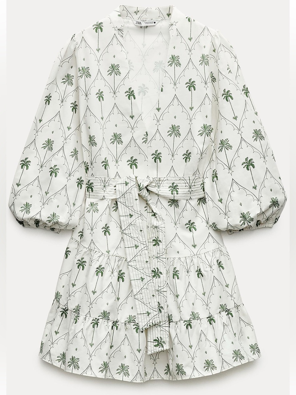 Zara White Dress with Green Palm Motif